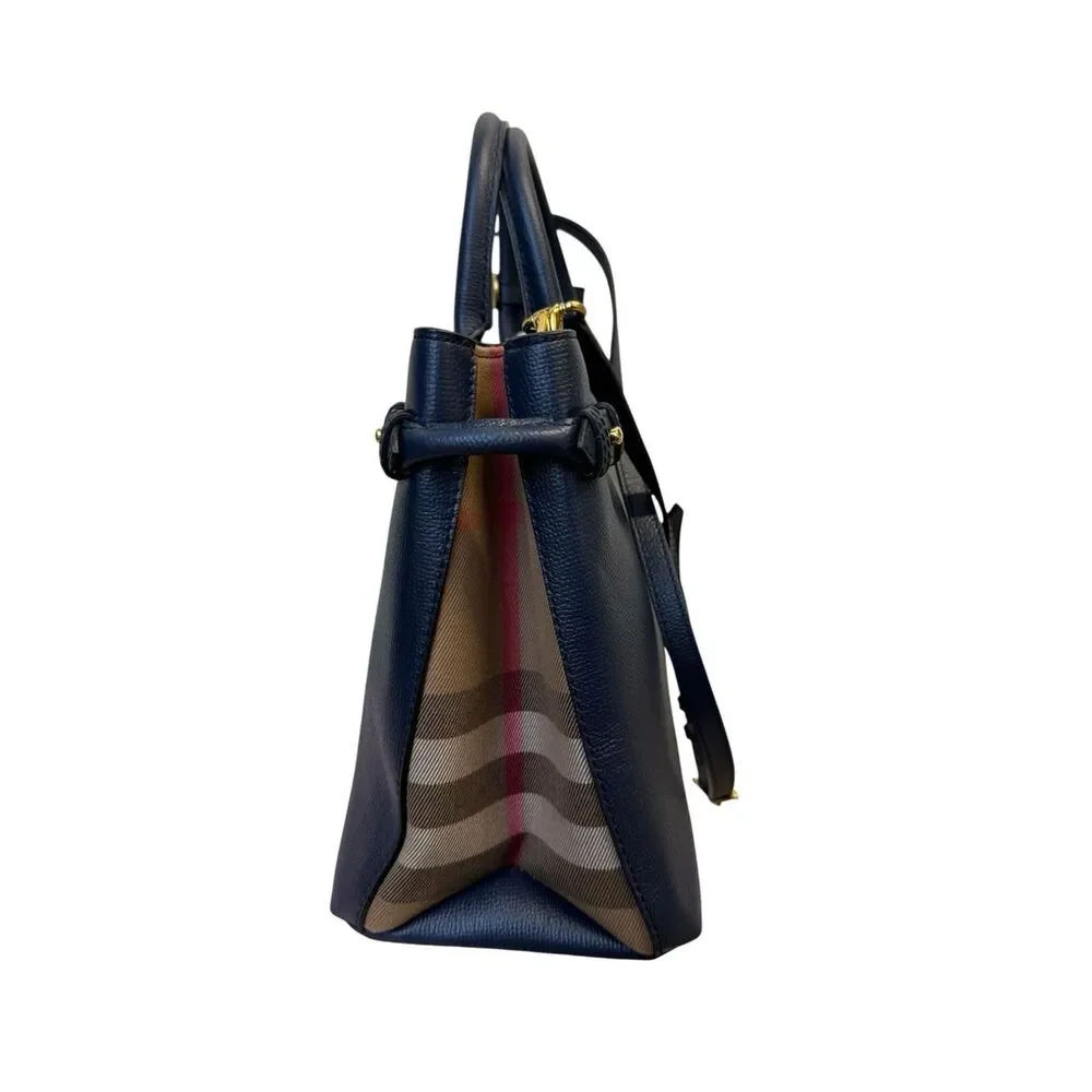 Burberry Navy Blue Saffiano Pebbled Leather Nova Check 2way Banner Satchel Ex+